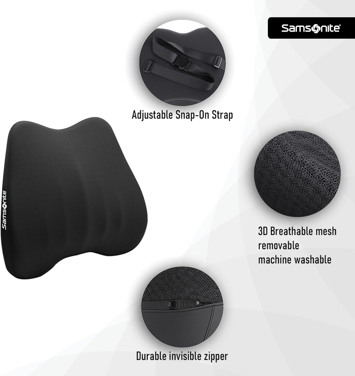 Samsonite Lumbar Support Pillow for Office Chair and Car Seat - Memory Foam Pillows Car Lumbar Support Brace, Lumbar Support Pillow for Car & Low Back Pain Relief, Black