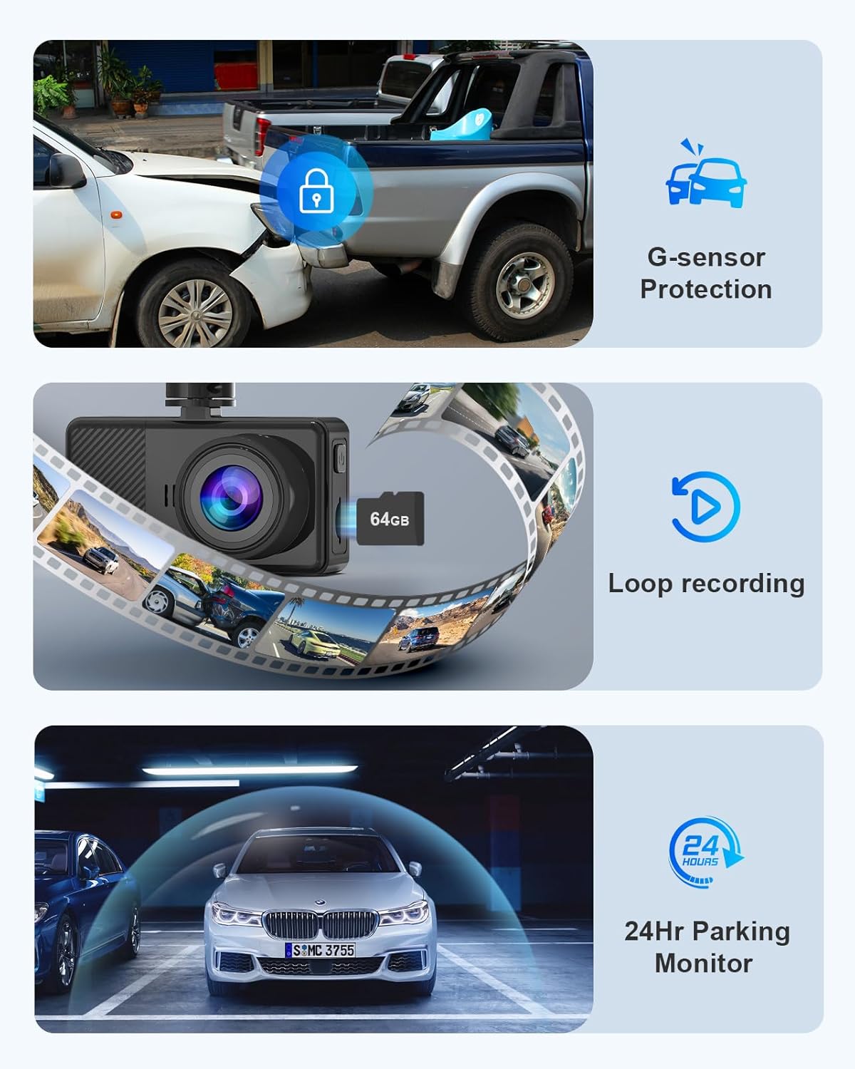 Dash Cam Front and Rear, 2.5K+1080P Dual Dash Camera for Cars, 2’’ Display Mini Car Camera, G-Sensor Dashcam, Night Vision, 24H Parking Mode, Loop Recording, 170°Wide Angle, 64GB Card Included, Black