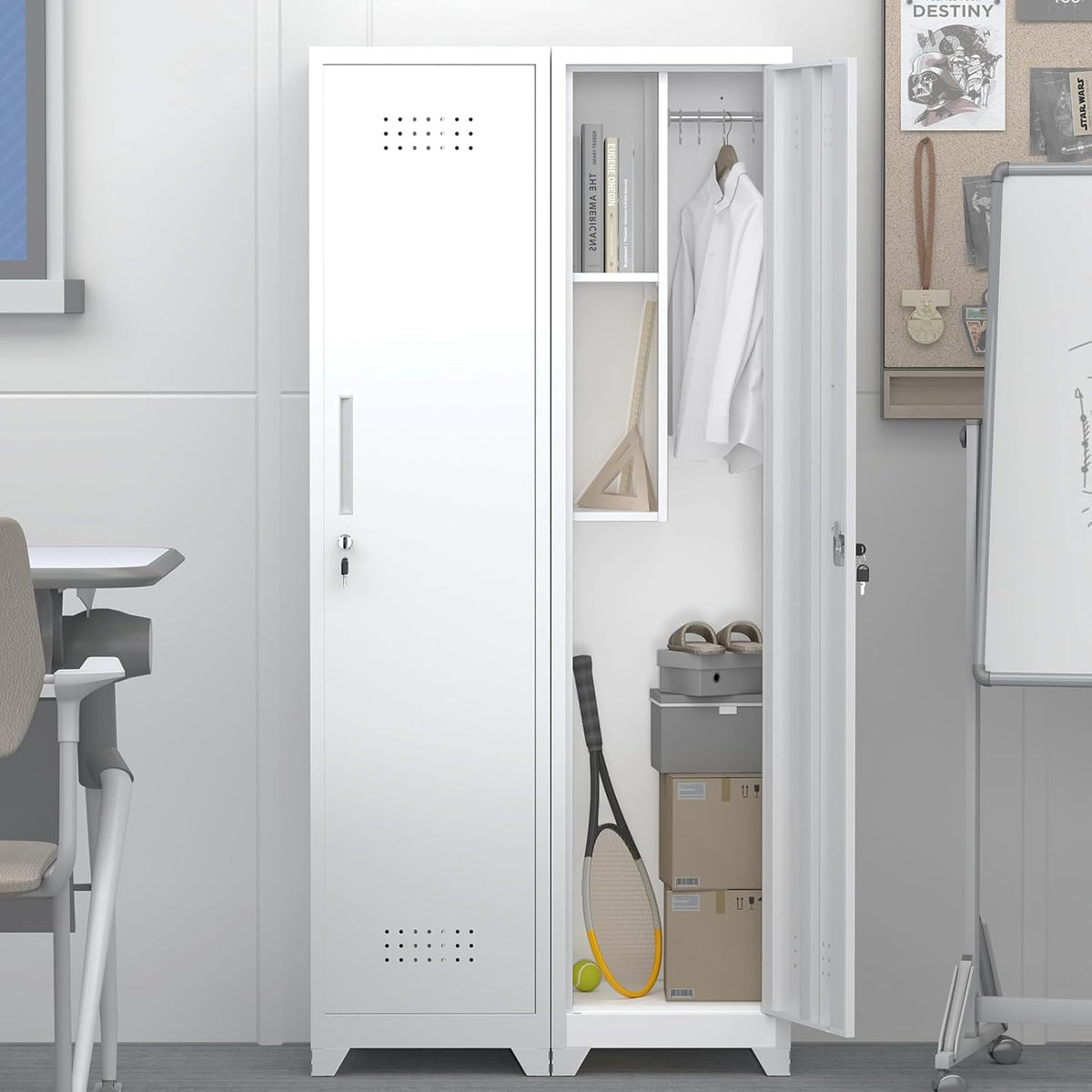 GREATMEET Slim Broom Closet Storage Cabinet, Narrow Utility Closet, 65" Metal Cleaning Supply Storage with Lock and Door,Utility Cabinets for Brooms and Mops for Laundry Room, White
