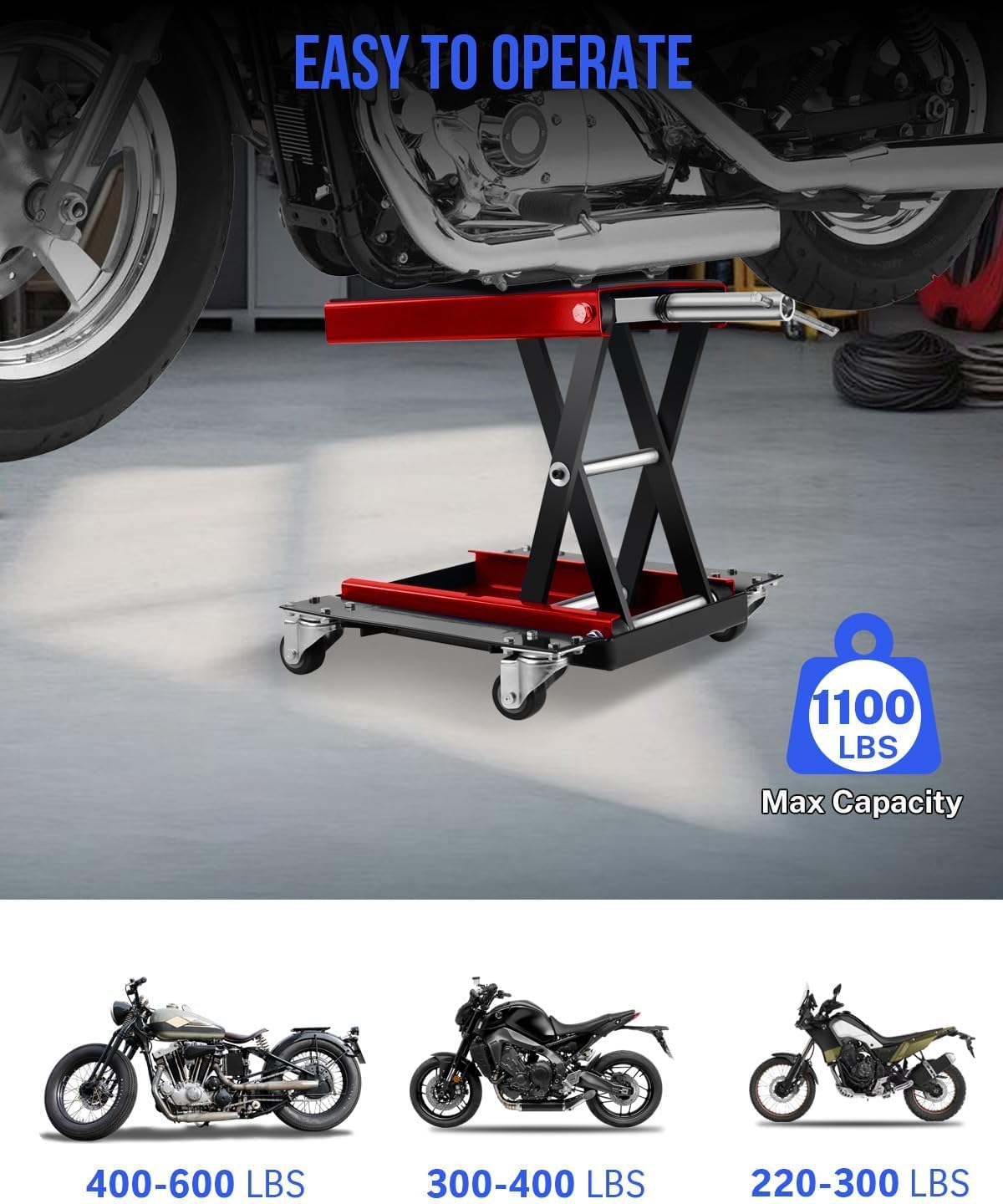 1100LBS Motorcycle Scissor Lift Jack with Dolly Wheels & Hand Crank, Heavy Duty Adjustable Bike Lift Stand with Foldable Non-Slip Platform for Cruiser, Dirt Bike, ATV Garage Repair