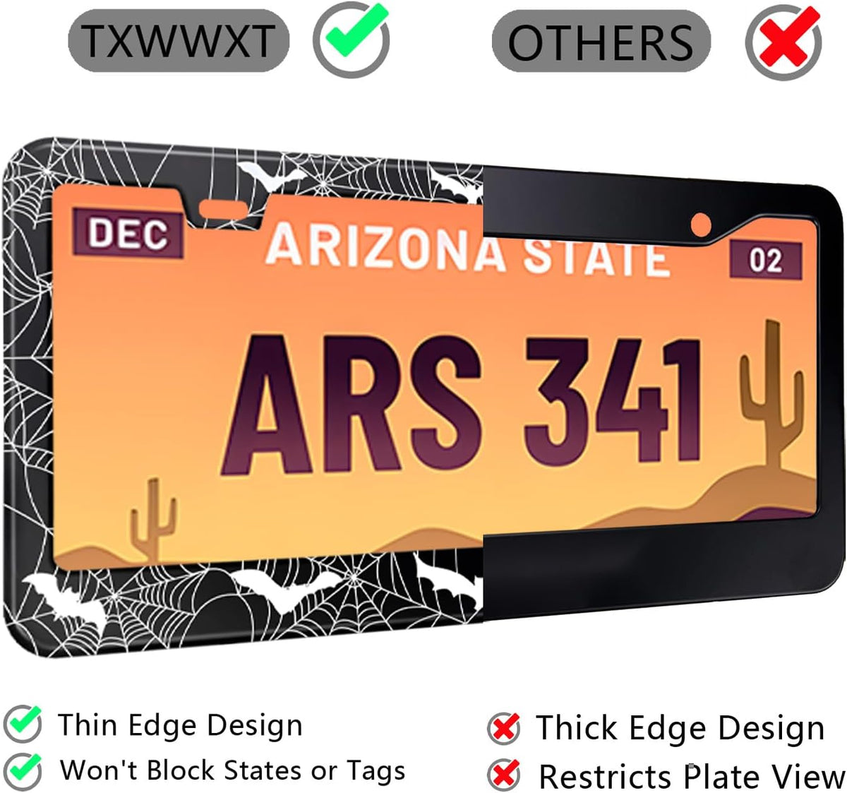License Plate Frame for Bats and Spider Webs Stainless Steel License Plate Frames Holder Covers Rust-Proof Auto Parts Decoration with Screws License Plate Holder for Car Accessories 12x6 Inch