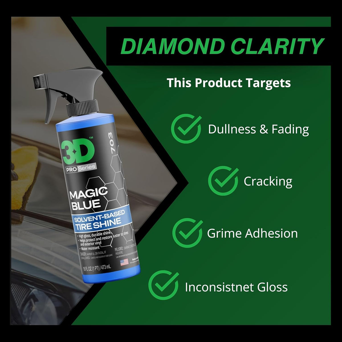 3D Magic Blue Tire Shine Spray - Water Resistant High Gloss Tire & Trim Dressing | Long Lasting Protection | No Sling, No Run Formula | Made in USA |16 oz