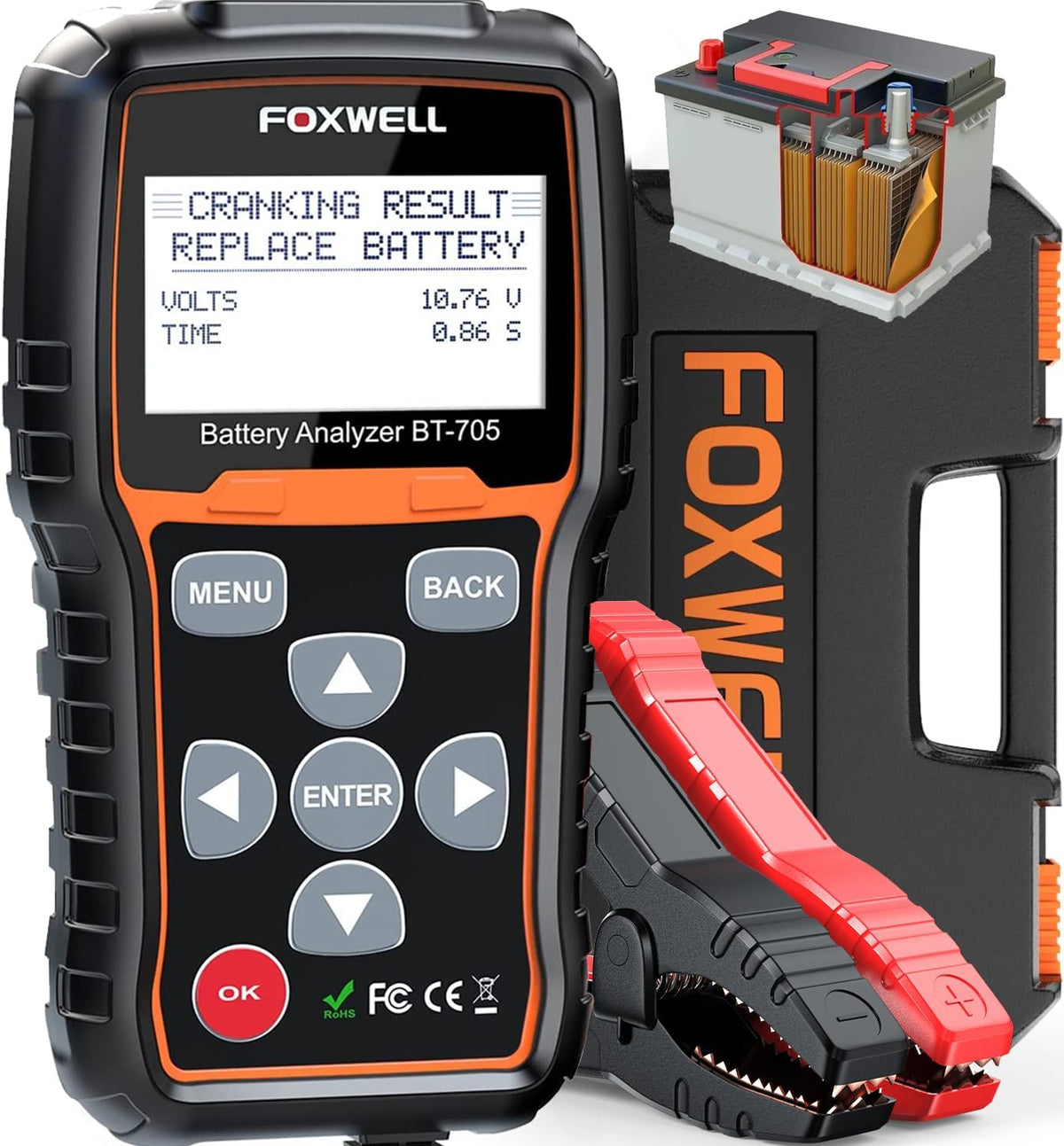 FOXWELL BT705 Car Battery Tester 12V 24V, Automotive 100-2000CCA Battery Load Tester Analyzer, Digital Cold Cranking Charging System Alternator Tester for Heavy Duty Truck Boat Marine SUV ATV