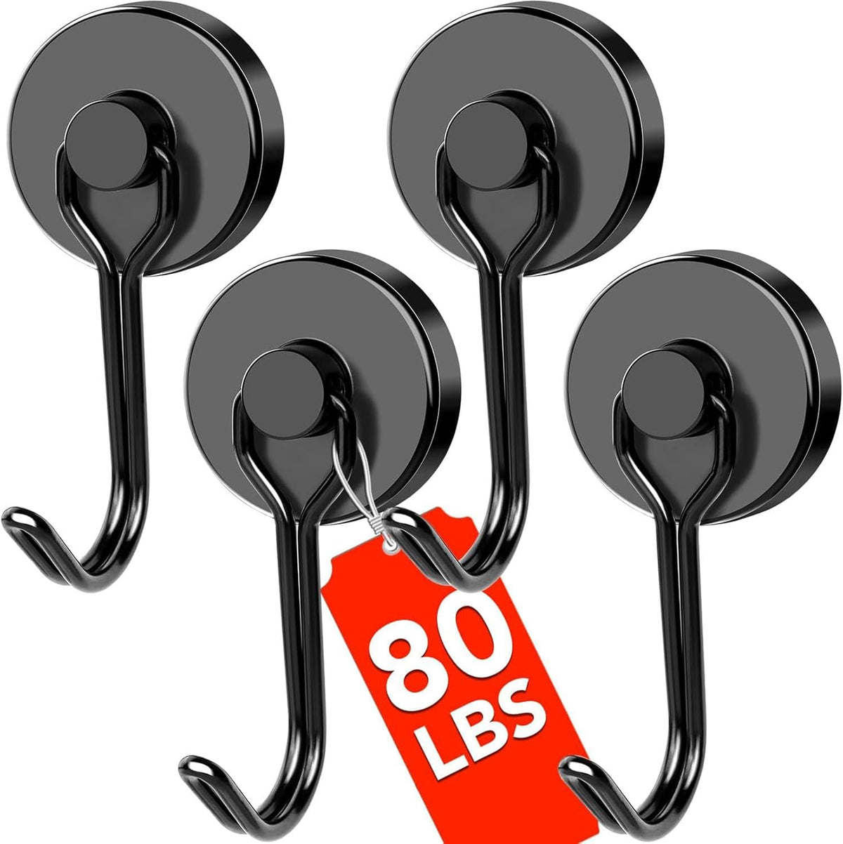 DIYMAG Black Magnetic Hooks, 80LBS Strong Magnetics Heavy Duty, Magnet Hook with Metal Hanger for Hanging Refrigerator Home Kitchen Office, 4Pack