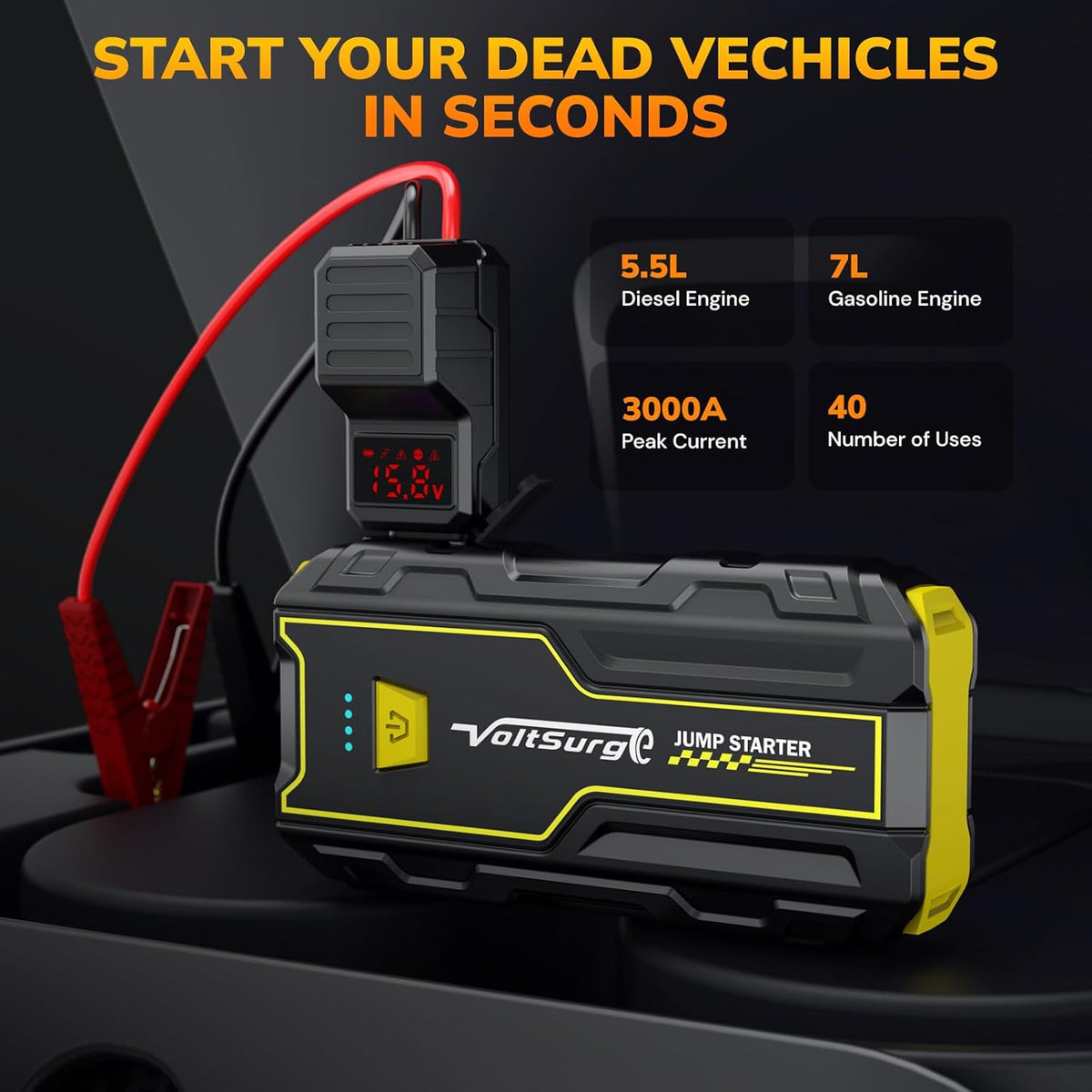 4000A Car Jump Starter, VoltSurge Battery Jumper Starter Portable for Engine Max 7.0L Gas/5.5L Diesel Engine Jump Box, 12V 12v Battery Charger Pack with LED Flashlight and USB Port