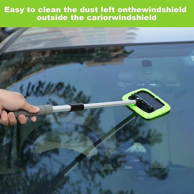 XINDELL Windshield Cleaning Tool for Car – 22inch Extendable Handle Window Cleaner with Reusable Microfiber Pads, Streak-Free Interior & Exterior Auto Glass Cleaner (Green)