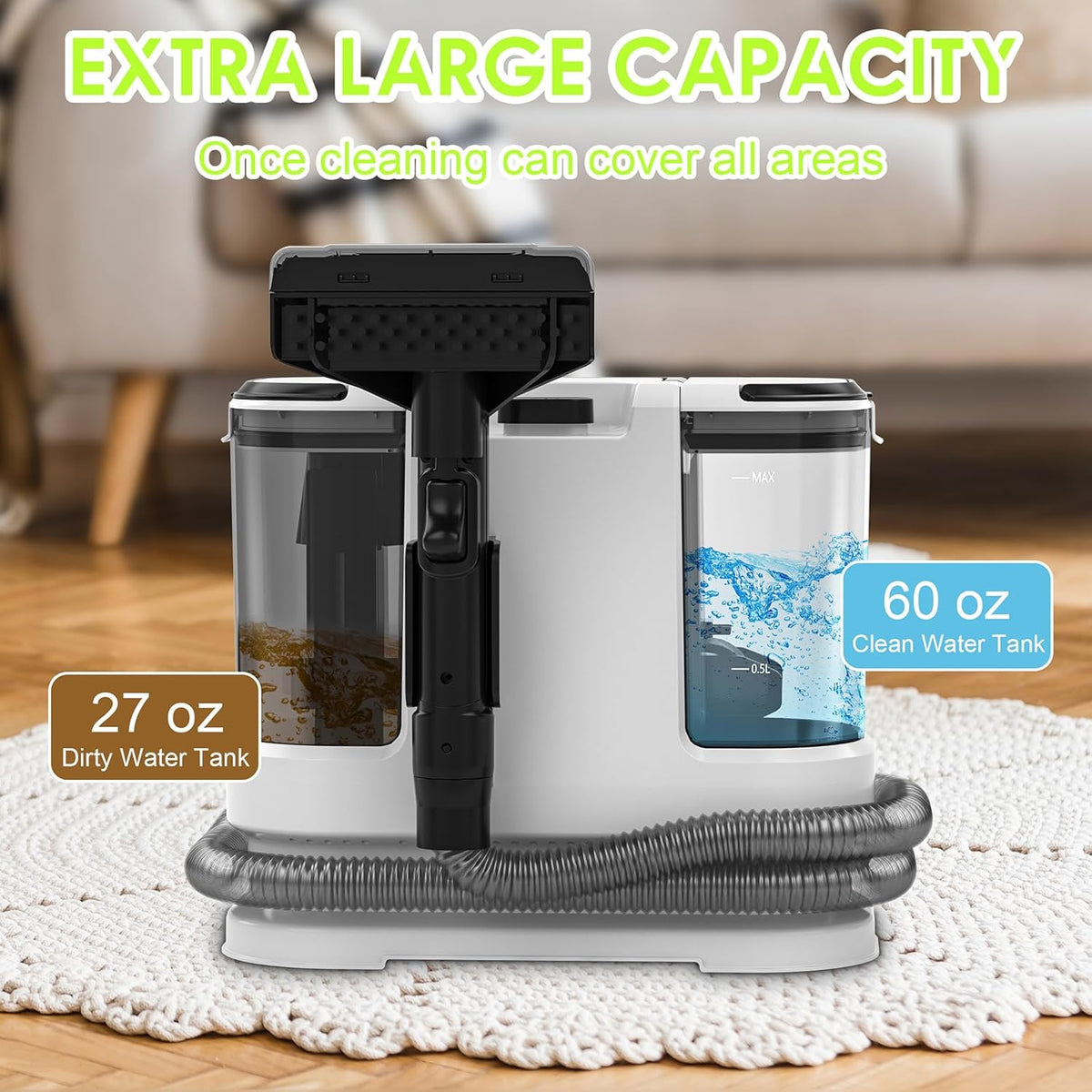 Portable Carpet & Upholstery Cleaner, Deep Cleaning for Rugs, Couch, Curtain, Car Interiors Stains, Pet & Family Friendly, 800W high-performance motor 21Kpa 120V (White)