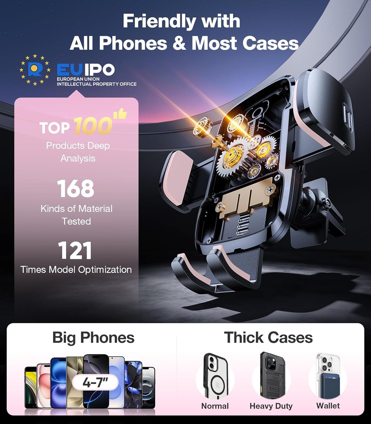 TORRAS Pink Phone Holders for Your Car【True Military-Grade & Strongest Suction】, Universal Car Phone Holder Mount Truck Cradle Stand for Dashboard Windshield Vent, Pink Car Accessories