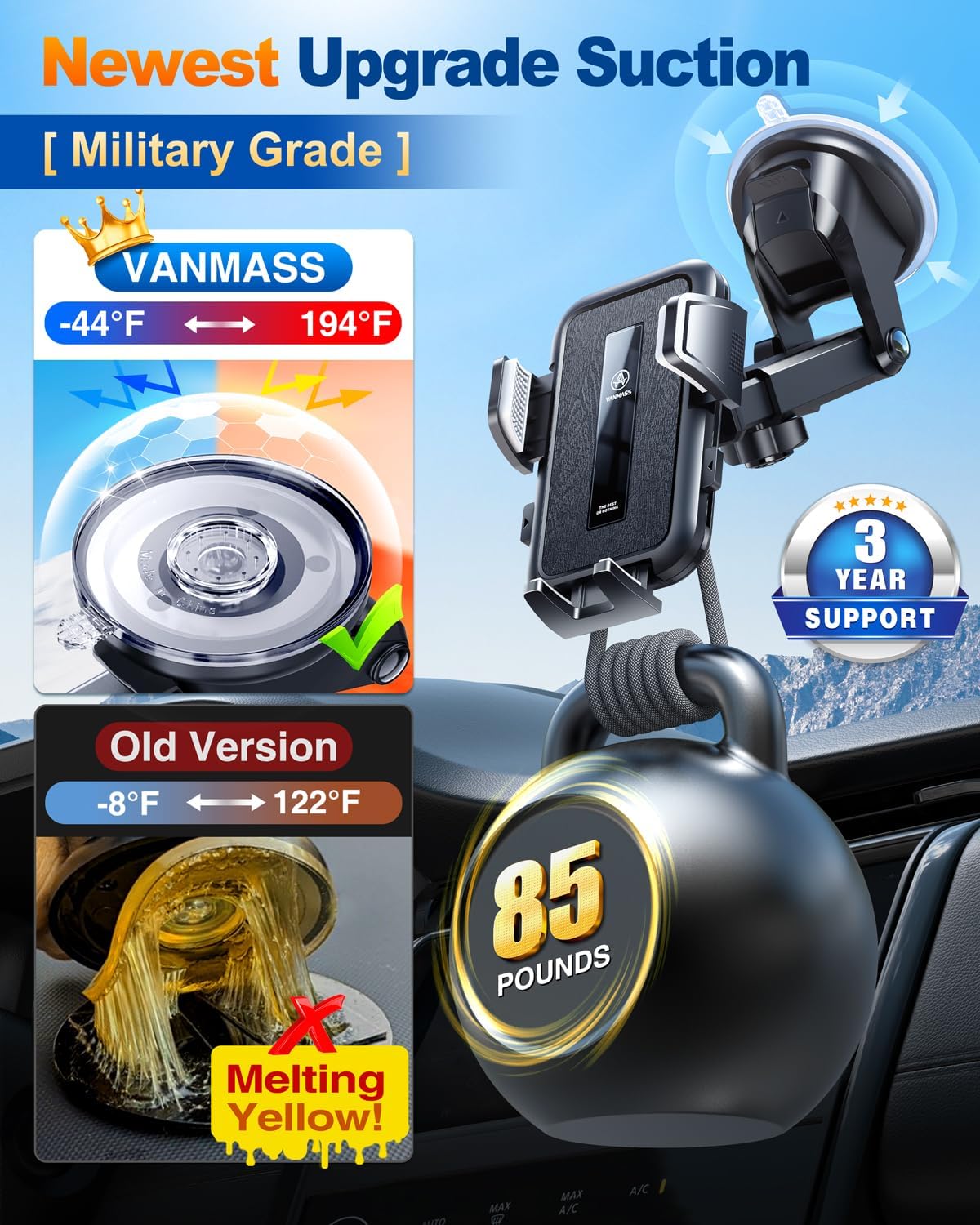 VANMASS 2025 Upgraded Car Phone Holder, [85+LBS Strongest Suction] Patent Safety Cell Phone Mount Windshield Dashboard Vent Truck Accessories Stand Cradle for iPhone 16 Pro Max 15 14 13 Android