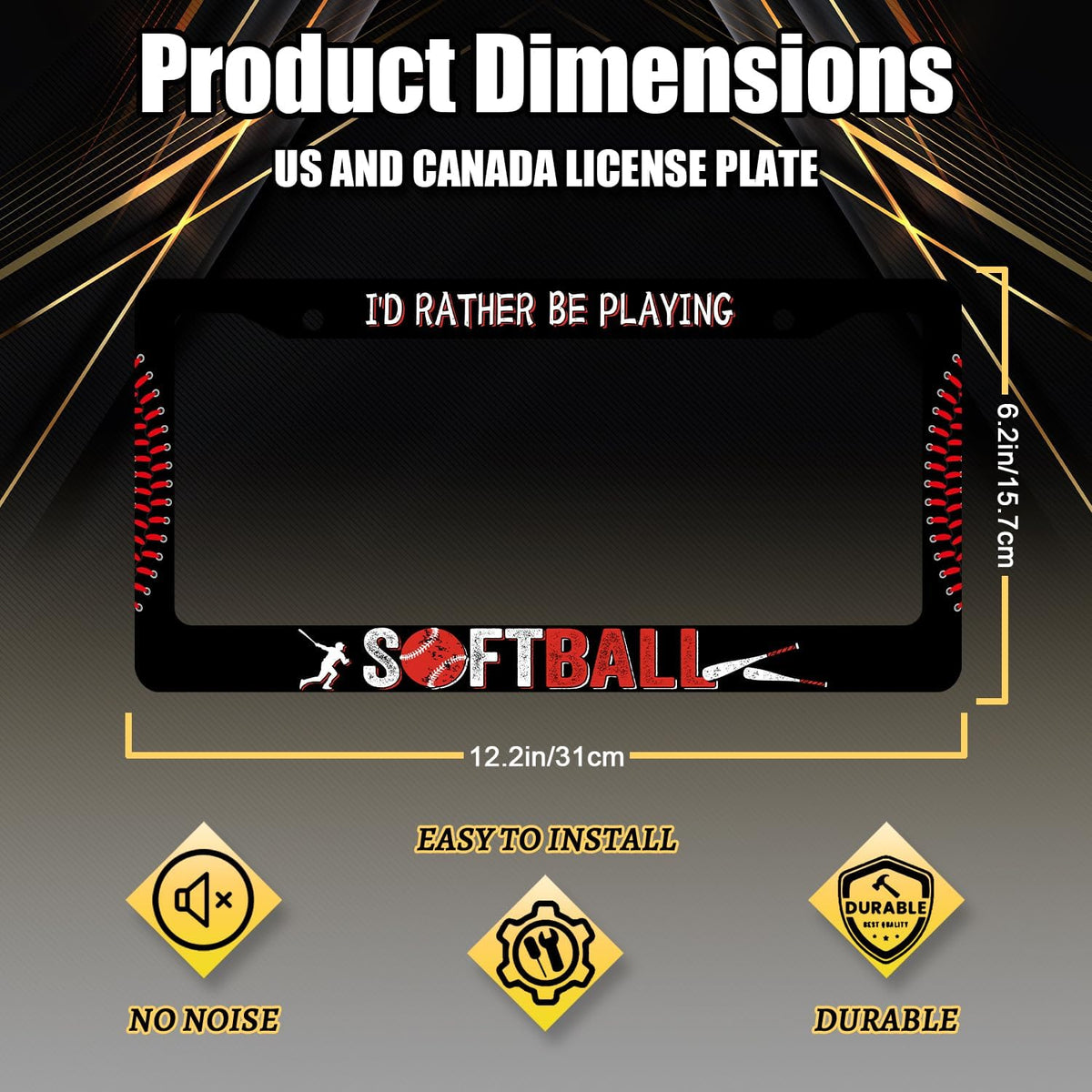 I'd Rather Be Playing Softball License Plate Frame Balls License Plate Stainless Steel Funny Black Accessories Cars Decor 12.2 X 6.2 Inch with 2 Holes and Screws Fits Standard Us Ca Vehicles