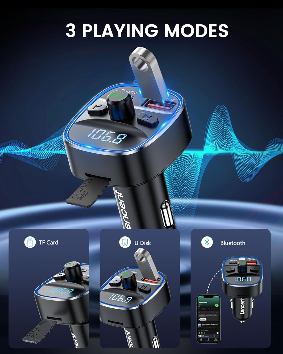 LENCENT Bluetooth 5.4 FM Transmitter Car Adapter 48W [PD 30W & 18W] [7 Color Light] [Fast Charging] Wireless Radio Music Adapter Hands-Free Calling, Support USB Drive & TF Card