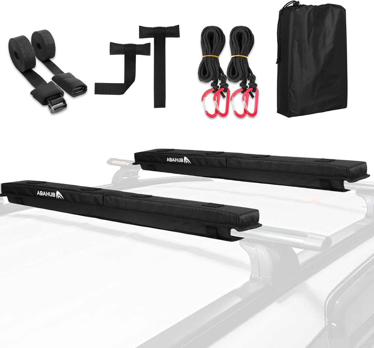 Abahub Soft Roof Rack Pads with 2 Tie Down Straps, 2 Tie Down Ropes, 2 Hood Loops and Storage Bag, for Surfboard, Kayak, Canoe, Heavy Duty Universal Car Roof Racks System (Use with Cross Bar)