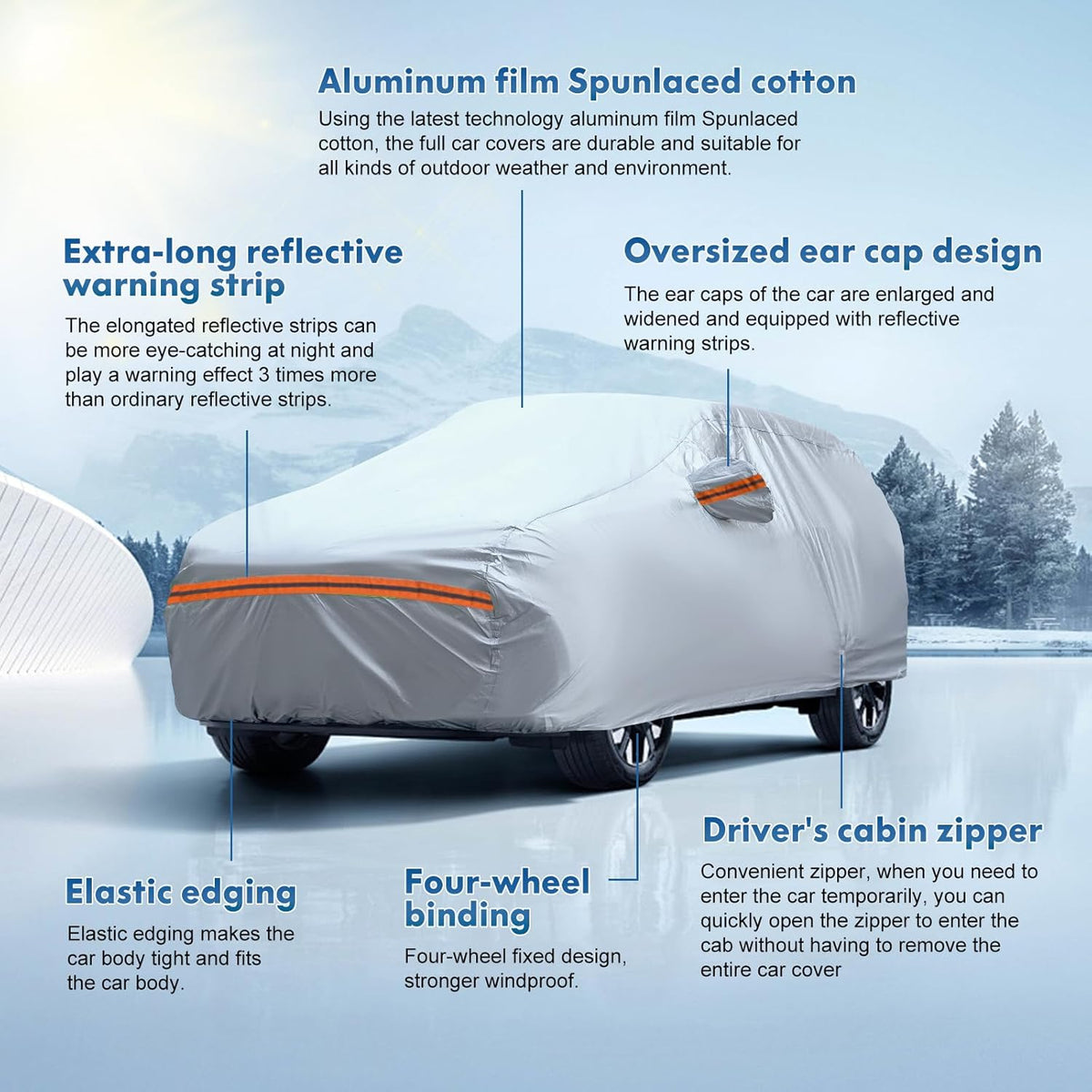 KEYOOG 6-Layer Full Car Cover is All-Weather Waterproof, Universal in All Seasons, Snow Prevention Rainproof, Acid Rainproof, Sunscreen, Ultraviolet-Proof, Fit MPV 199"-210" Orange Reflective Strip