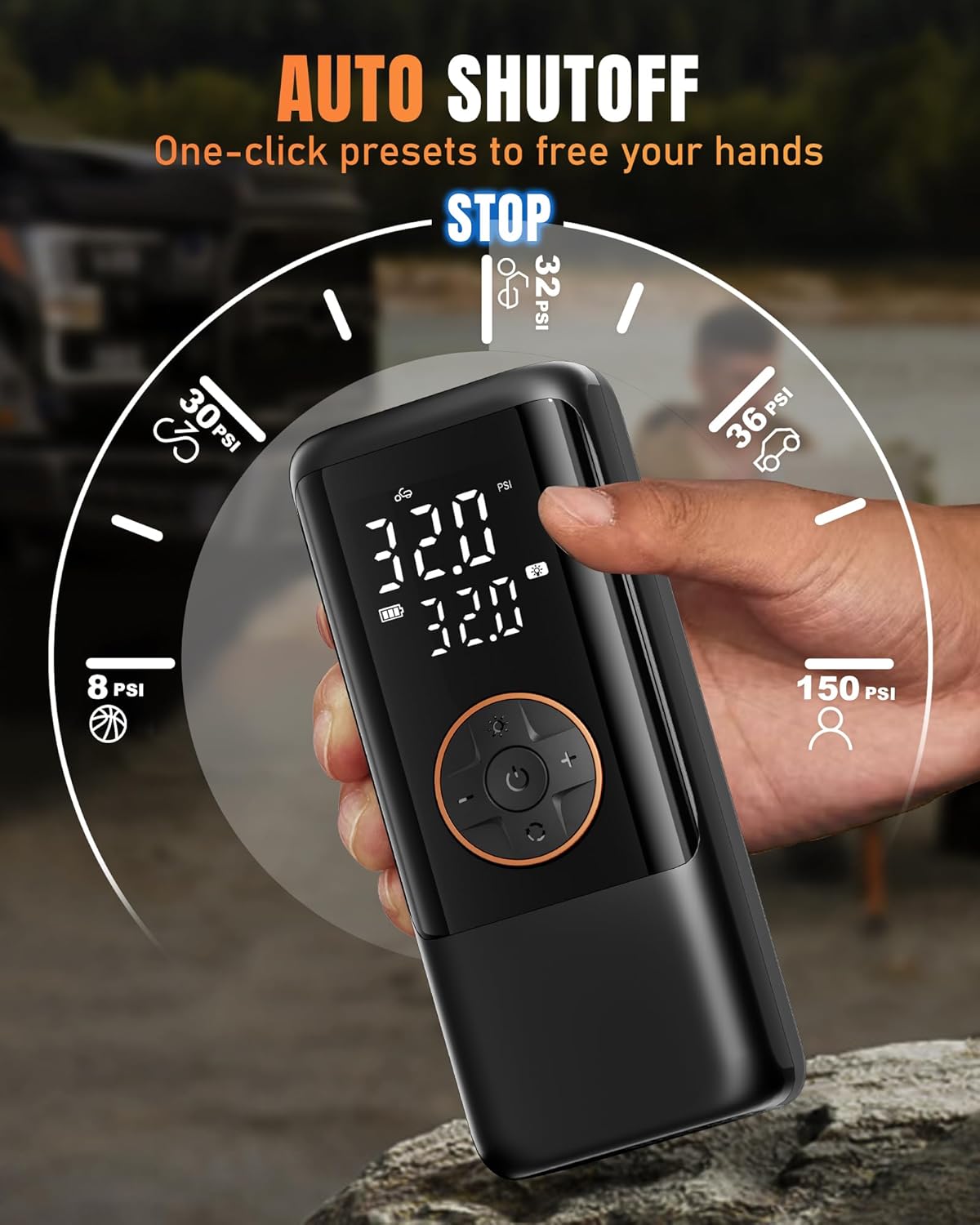 Tire Inflator Portable Air Compressor, 150PSI Air Compressor for Car Tires, Cordless Bike Pump with Pressure Gauge & LED Light, Tire Pump for Cars, Motorcycles, Bikes, Balls