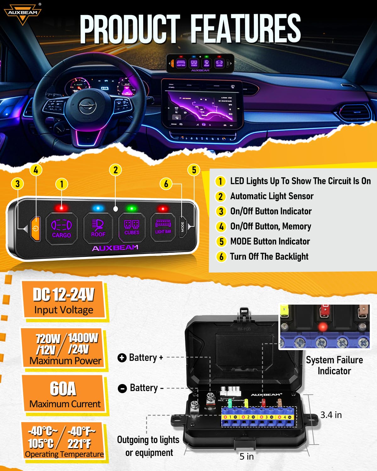 Auxbeam 4 Gang Slim Switch Panel RGB AS-R40 Toggle Momentary Pulsed Dimmable Backlight Multifunction Switch Panel with Memory Function for 12-24V Truck Offroad Car Marine Waterproof 2 Years Warranty