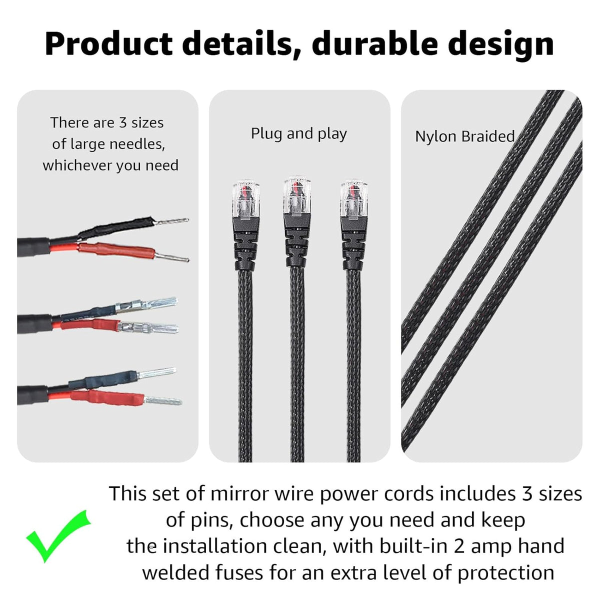 16.5" Radar Detector Hardwire Power Cord Mirror Wire Plug Tap Set (3-Piece Set) - Compatible with Uniden Valentine One Escort & Beltronics Radar Detectors,Inline Fuse Mount (RJ11)