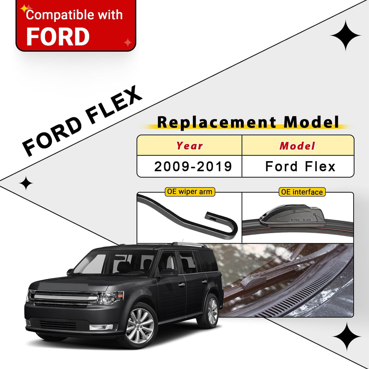 Windshield Wiper Blades Replacement for Ford Flex 2009 2010 2011 2012 2013 2014 2015 2016 2017 2018 2019 Original Factory Quality Front Rear Wipers Blade Set - 24" 22" 12" (Pack of 3)