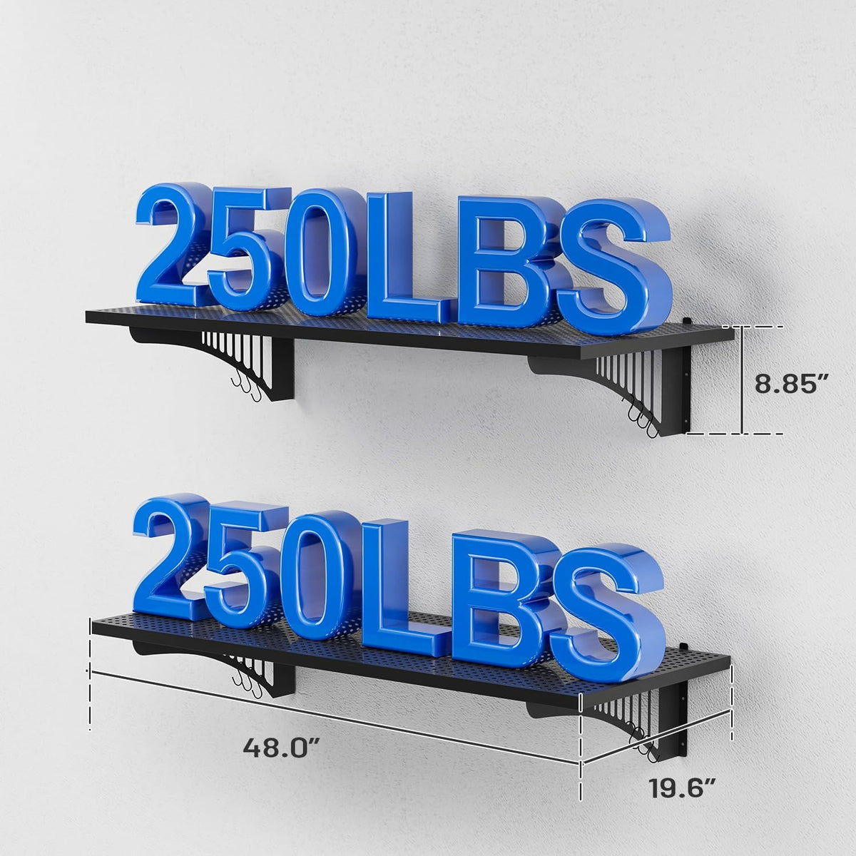 YOLENY 2-Pack 1.64x4FT Adjustable Heavy Duty Garage Wall Shelving, 500lbs Load Capacity Wall Mount Storage Shelf, Garage Storage Rack with Hooks, Metal Floating Shelves Organizer for Workshop