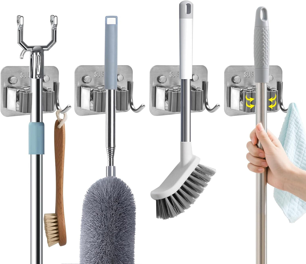 Broom Holder Wall Mount with Screws (4 Pack) Broom and Mop Organizer Wall Hanging, Anti-Slip Mop Holder Broom Hanger with Hooks, Stainless Steel Tool Rack for Garden Garage Organization