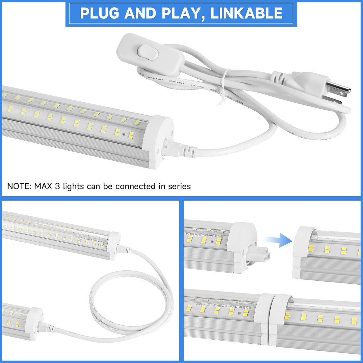 8FT U Shape 125W Integrated Tube Bright LED Light, 6500K Clear White, 20000LM - Flush Mount/Hanging Linkable LED Ceiling Lights for Garage, Plug&Play, 6 Pack