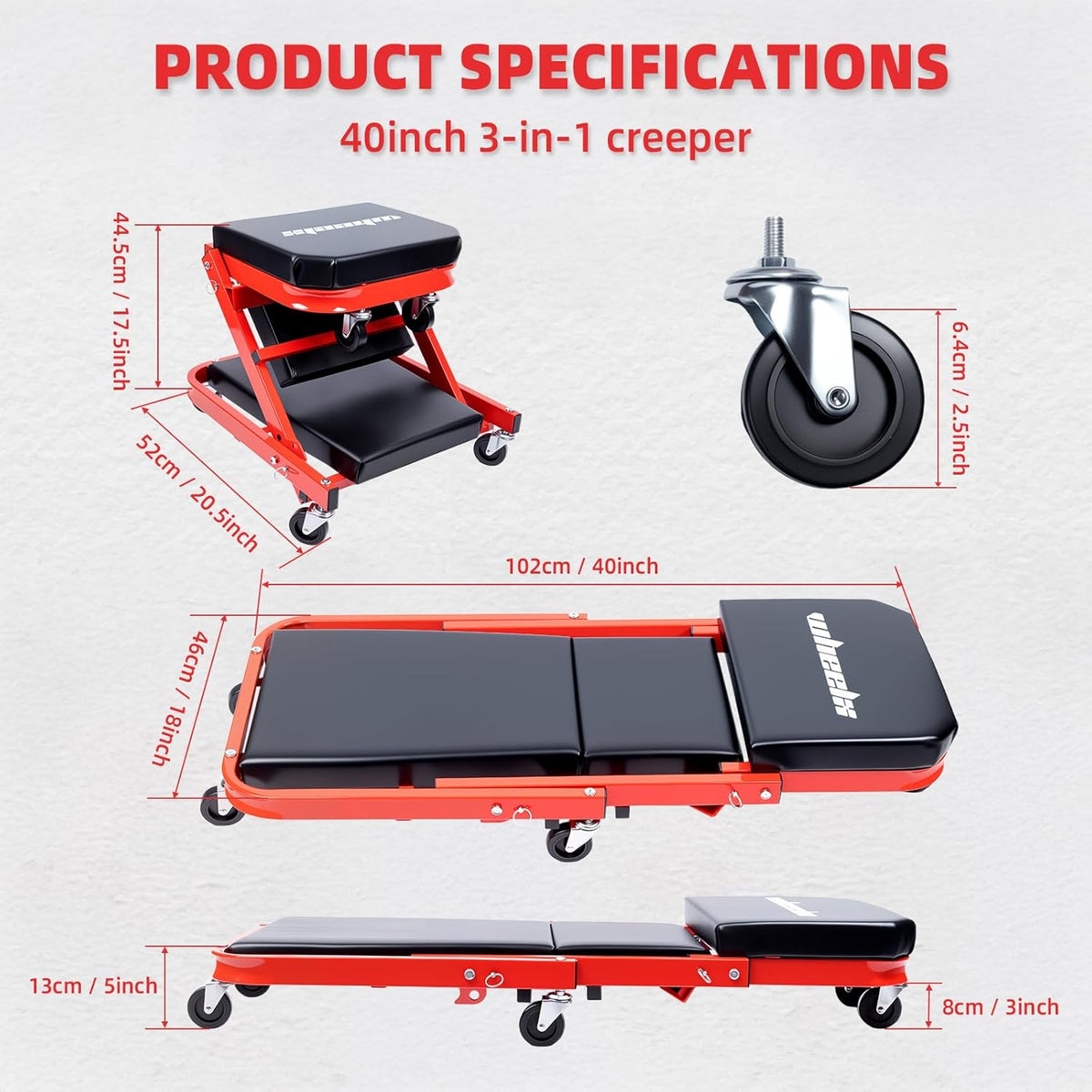 Mechanic Creeper 40inches 3-in-1 Z Seat 480lbs Capacity, Foldable Garage Chair Adjustable Rolling Folding with 6pcs Wheels Roller, Lay Down Sit Lean Back, Under Car Shop Auto Repair Man Gift