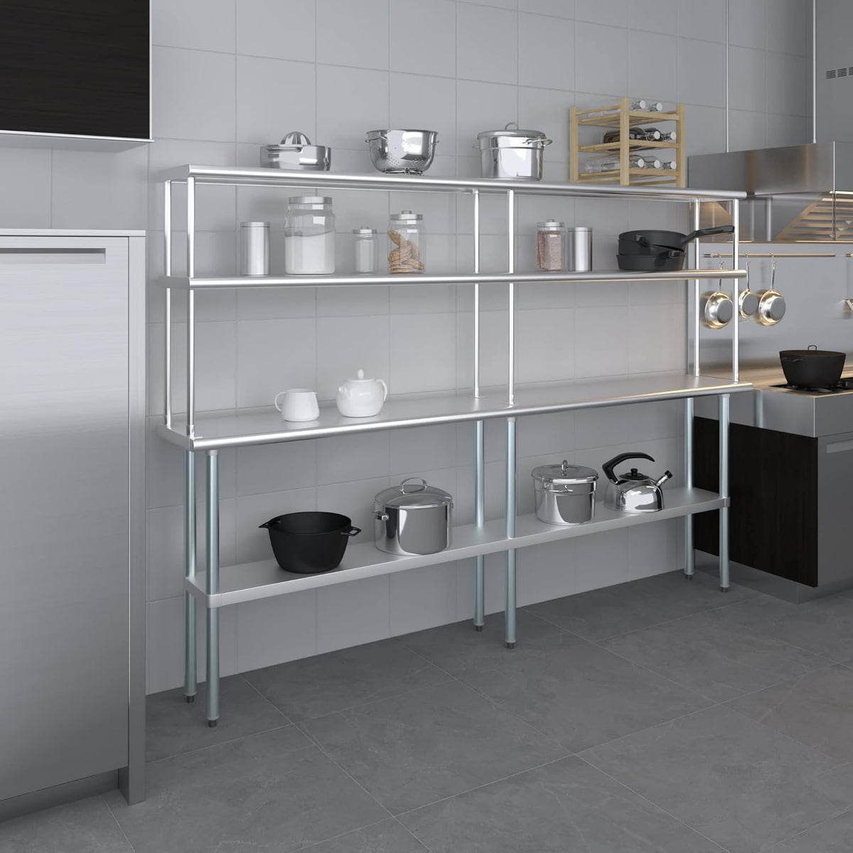 Amgood Stainless Steel Work Table Double Tier Overshelf | Metal Kitchen Prep Table & Shelving Combo | NSF (14" x 96" Work Table + 12" Overshelf)