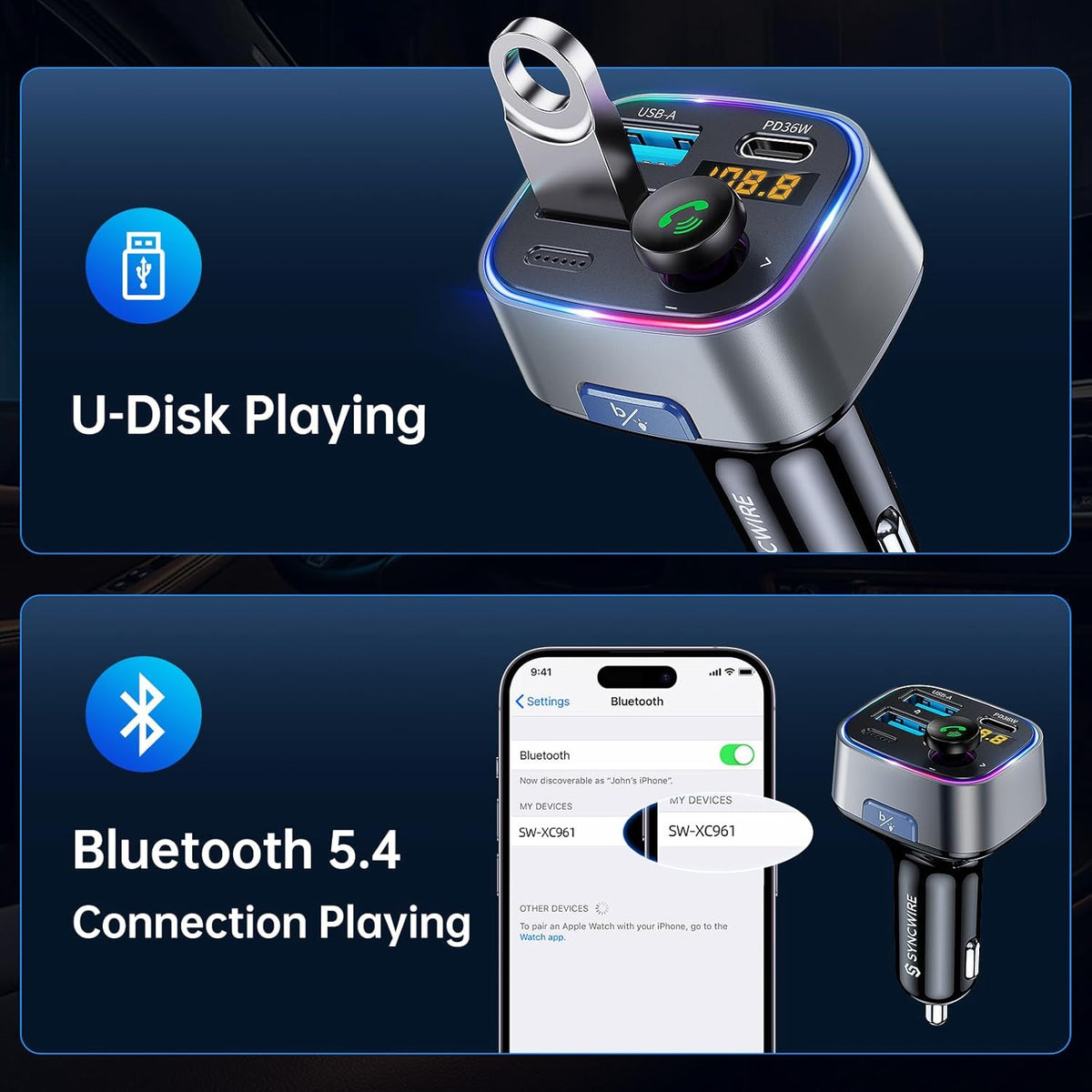 Syncwire Bluetooth 5.3 FM Transmitter Car Adapter 48W (PD 36W & 12W) [Light Switch] [Hi-Fi Deep Bass] [Fast Charge] Wireless Radio Music Adapter LED Display Hands-Free Calling Support USB Drive