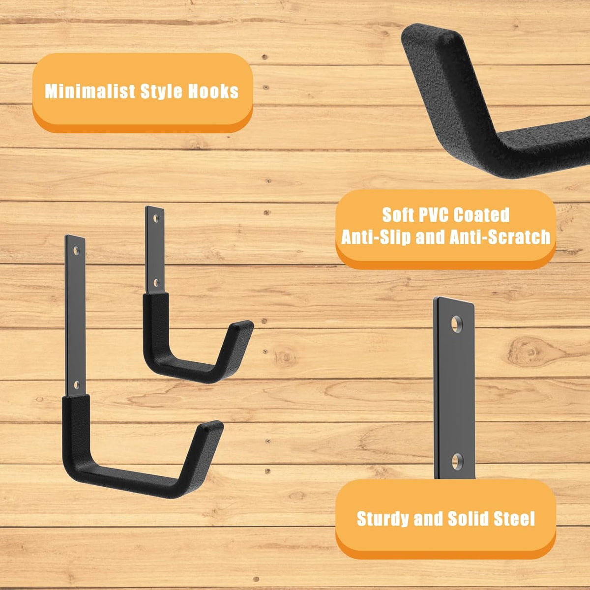 Heavy Duty Utility Hook System - Wall Mounted Garage Hooks for Bikes, Ladders, Tools & More - Black