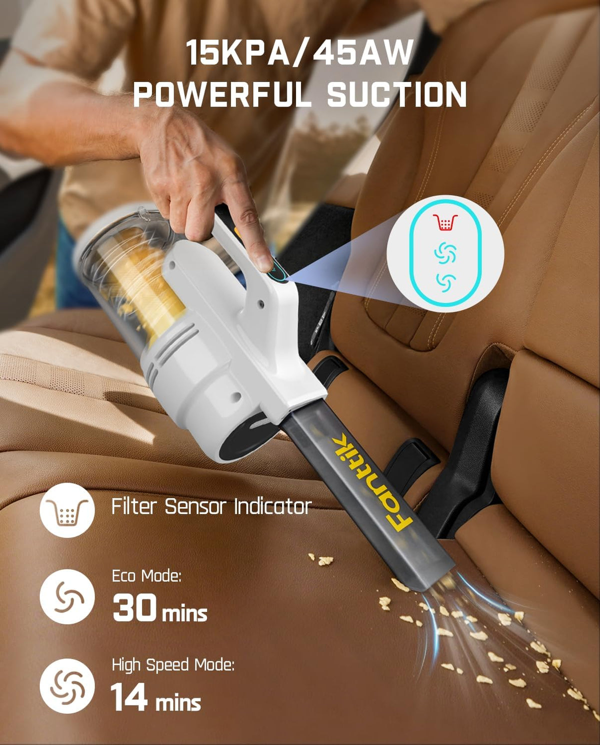 Fanttik Cruise V9 Car Vacuum Cleaner Suction Power with 15000Pa Handheld Vacuum Cordless with Extension Tube & LED Display & Light, Cordless Portable Mini for Home Car Cleaning, White