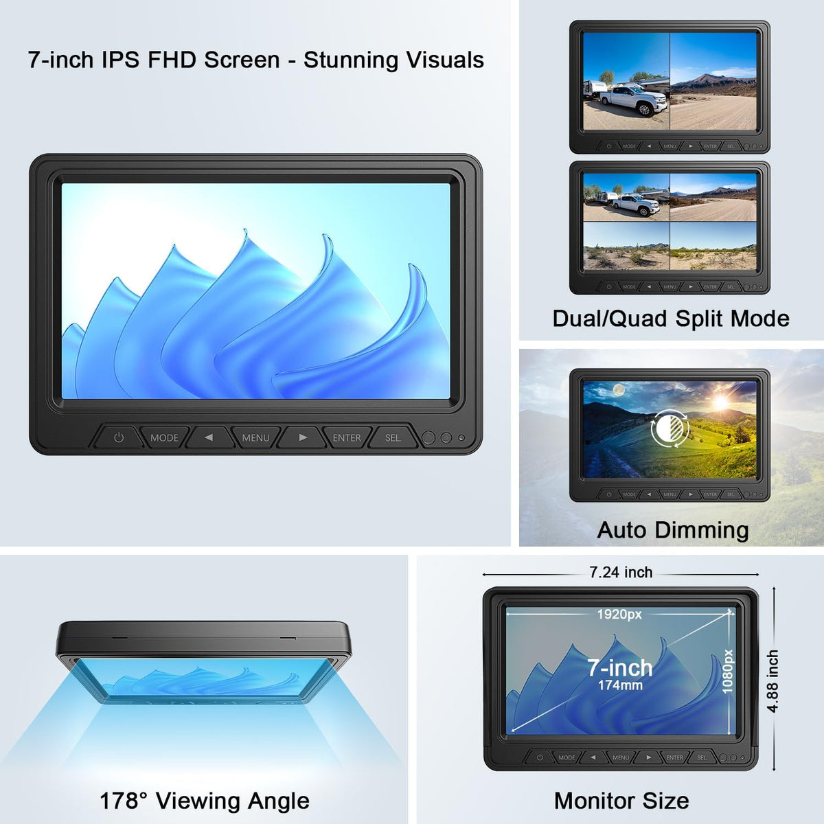 Fookoo HD 4 Cameras Wireless RV Backup System, 7" Split-Screen Monitor, 2 Rear View + 2 Side Cameras, IR Night Vision Recording Waterproof Compatible with Furrion Pre-Wired RV Truck Trailer - DW7Y504