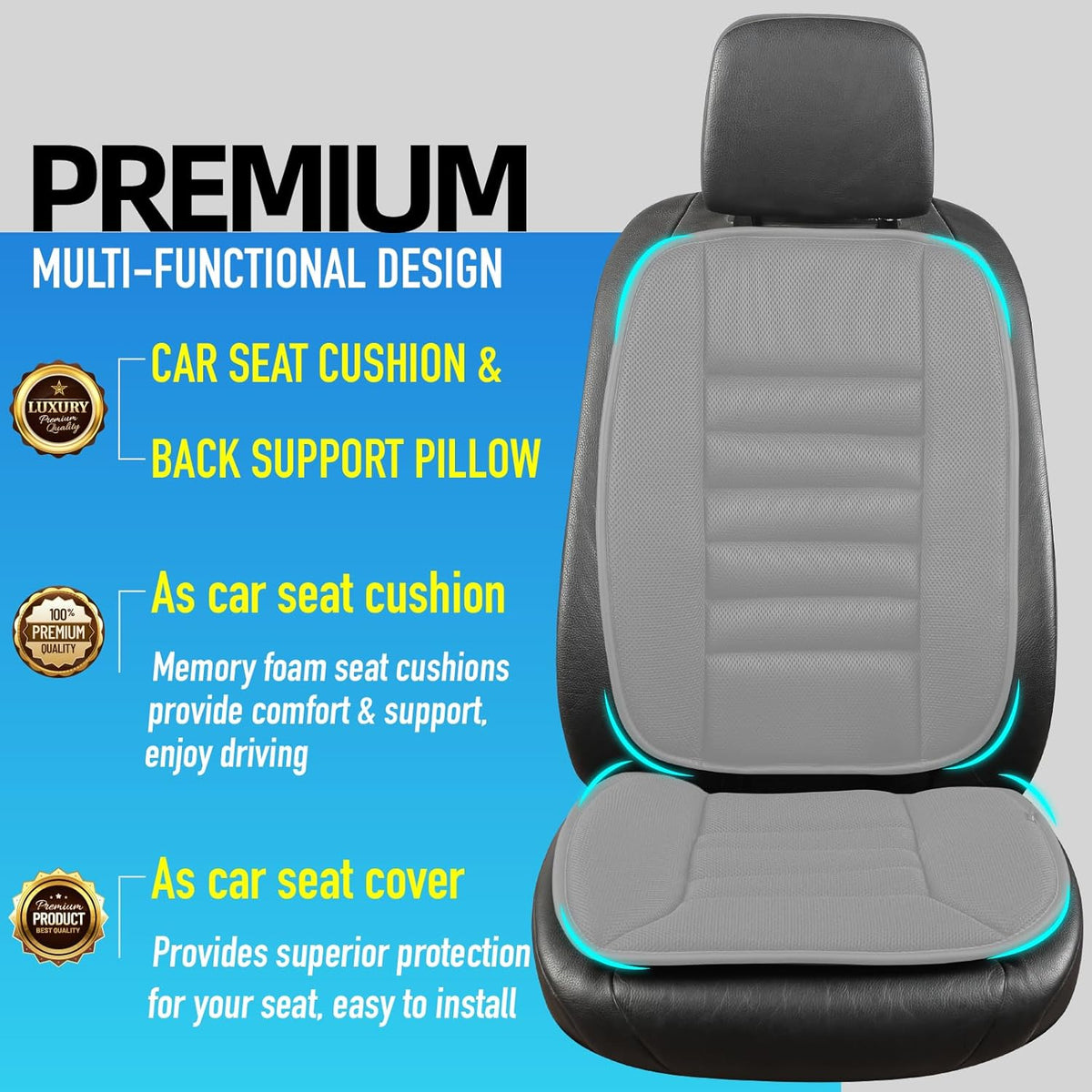 Car Seat Cushion with Back Support Pillow, Comfy Lumbar Support & Seat Cushion, Memory Foam Driving Pillow for Back-Sciatica Pain Relief, Auto Pad Suitable for Car, Truck, SUV - 4D Mesh Grey