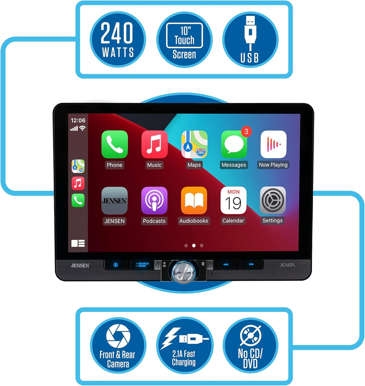 Jensen J1CA10FL-BUC 10.1-inch CarPlay Android Auto Car Stereo with Backup Camera and Additional Camera for Front of Car