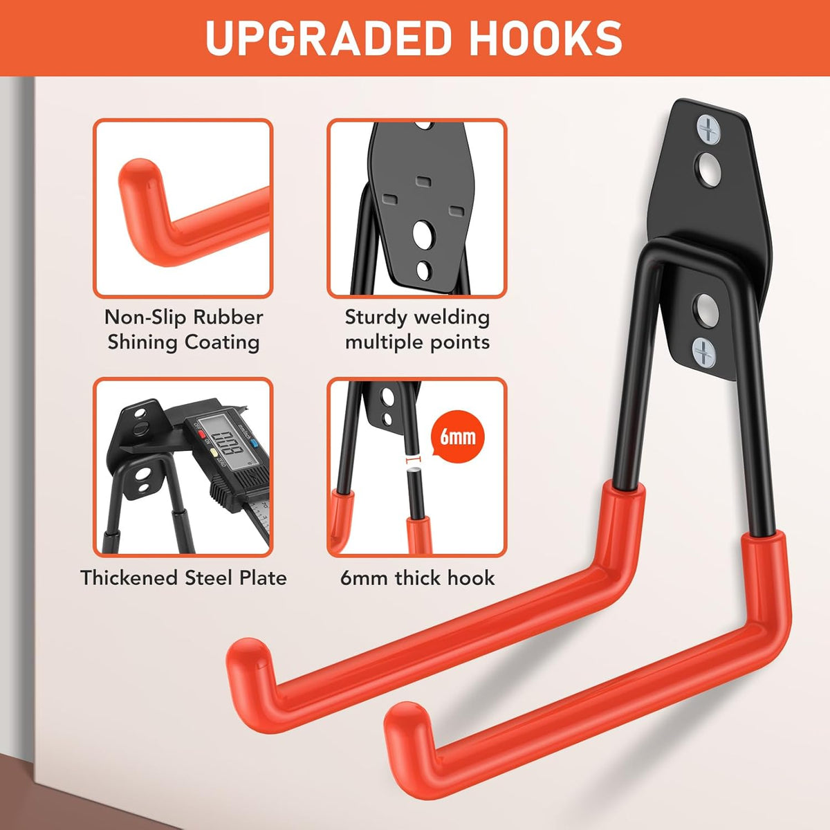 4 Pack 5.2x5.1 Inch Utility Steel Wall Mount Heavy Duty Garage Hooks with Anti-Slip Coating,Storage More Yard,Garden and Power Tools and for Hanging Hose,Ladder and Bike