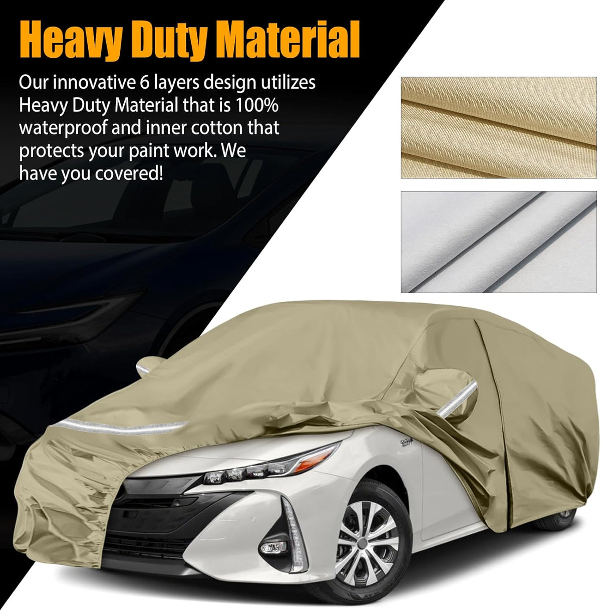 Waterproof Car Covers Replace for 2004-2025 Toyota Prius, Multilayer Heavy Duty with Cotton Liner All Weather Custom-fit Car Cover with Zipper Door, Windproof Bands for Snow Rain Dust Protection