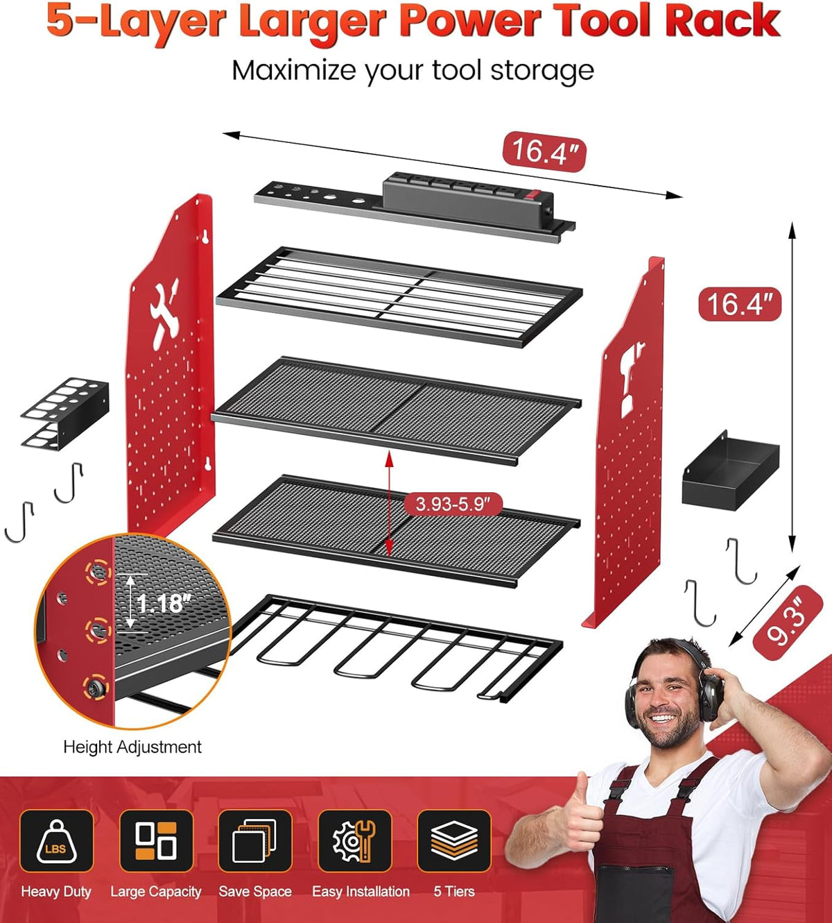 𝟐𝟎𝟐𝟓 𝐔𝐩𝐠𝐫𝐚𝐝𝐞𝐝 Power Tool Organizer Wall Mount with Charging Station [5-Layer Loads 220lbs Heavy Duty] Metal Tool Storage Rack Drill Holder,Battery Utility Rack Loads with 6 Power Strip
