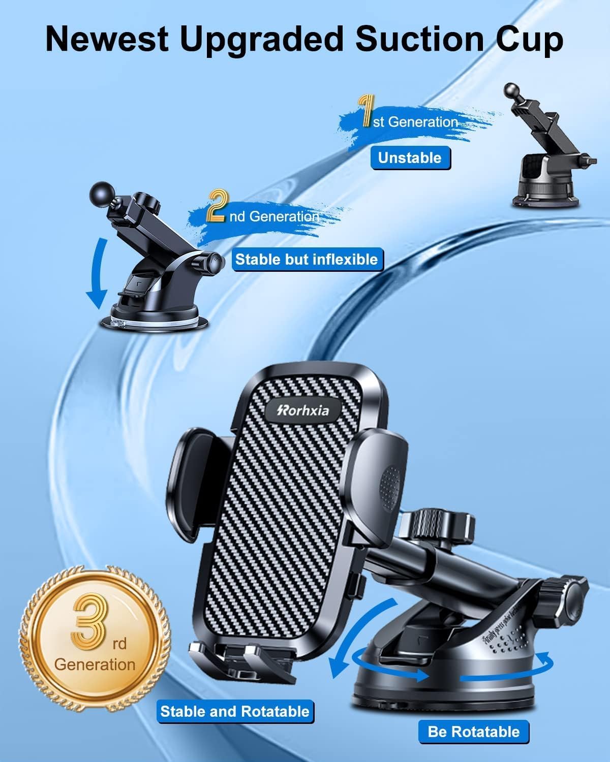 3-in-1 Car Phone Mount [2025 Upgraded Suction Cup] - Dashboard/Vent/Windshield, 60LBS Strong Hold, 360° Rotation, Thick Case Friendly - Fit iPhone 14/Samsung Galaxy & All Phones (Black)