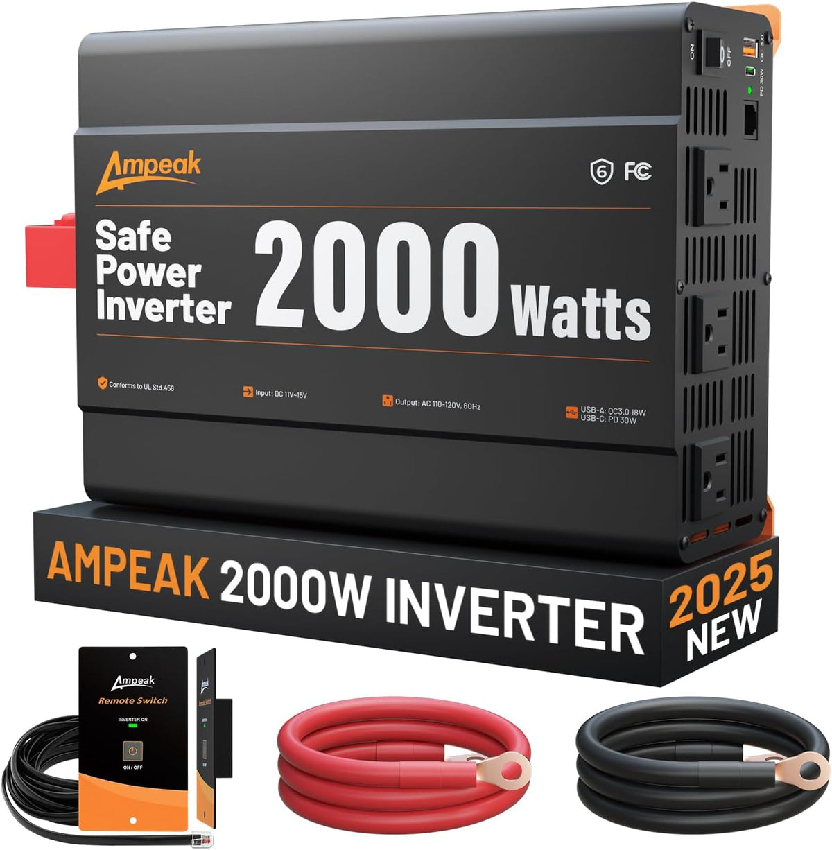 Ampeak 2000W Power Inverter, Inverter 12V to 110V Modified Sine Wave, High Conversion Efficiency 89%, 30W PD 18W USB, 3 AC Outlets for Camping