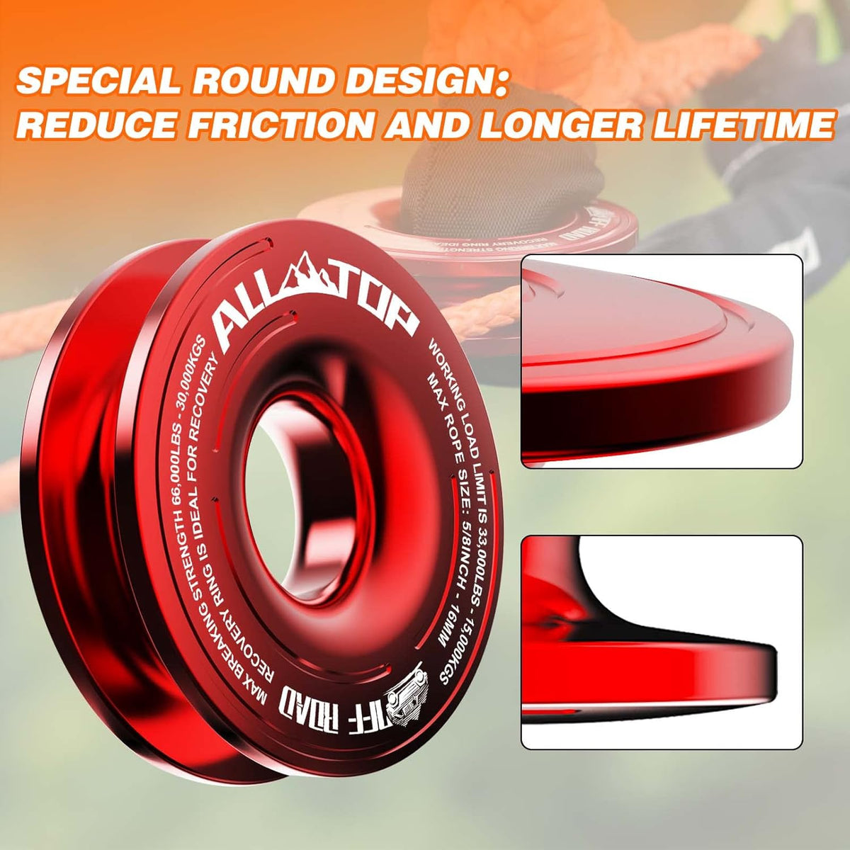 ALL-TOP Recovery Ring 66000 LBS Winch Snatch Towing Ring, Tackle Pulley System, Rope Retention Safety Strap Included, Red