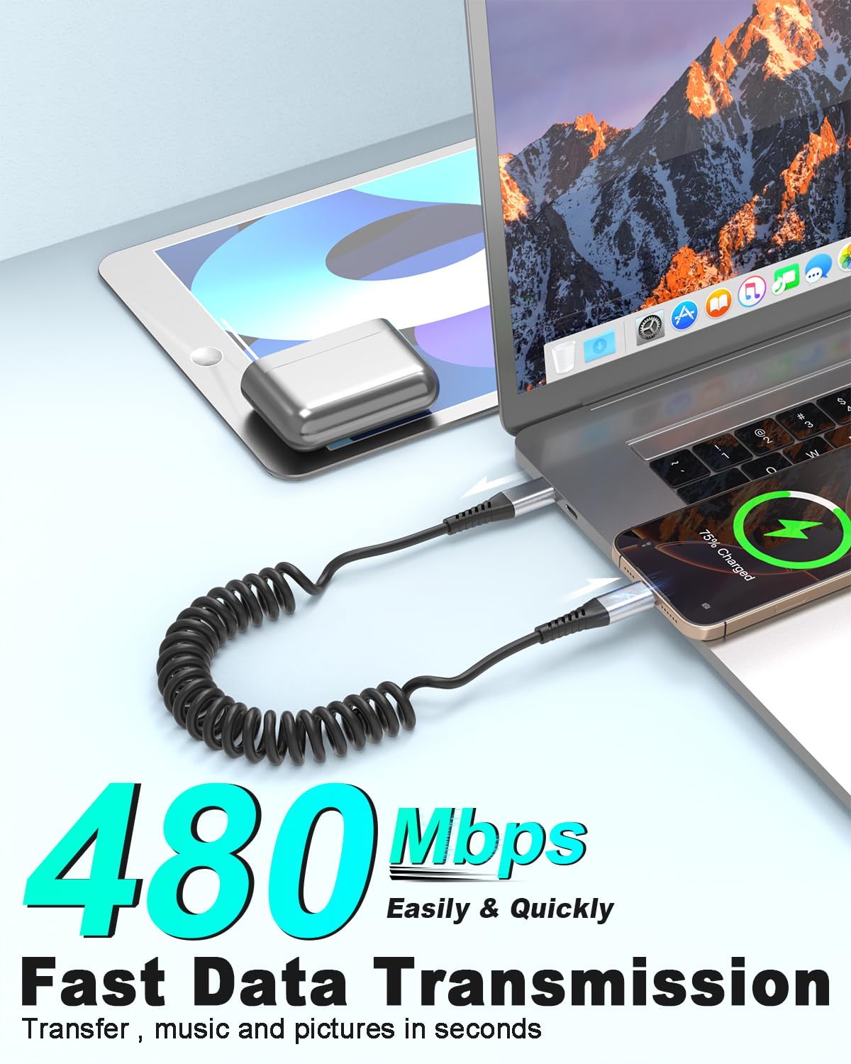 Coiled USB C to USB C Cable, 2 Pack Retractable USB Type C Charging Cable 60W USB C to C Coiled Cord for iPhone 16 15 Pro, Samsung Galaxy S25 S24 Ultra / A16, Moto G, Google Pixel, iPad Air 4