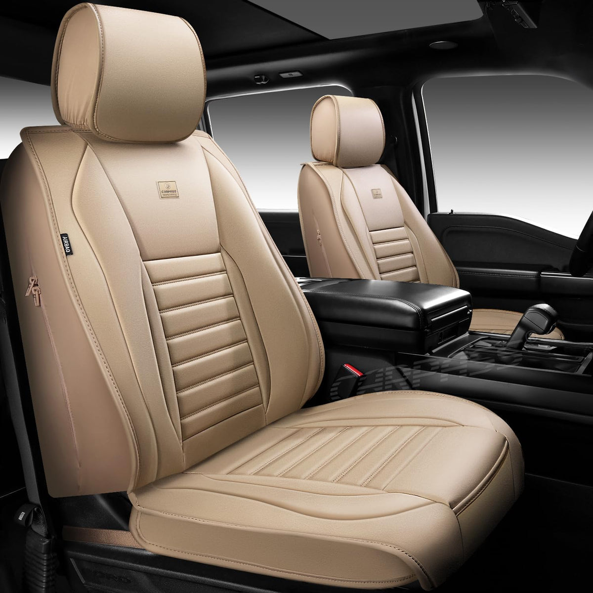 CAR PASS Nappa Leather Car Seat Covers Full Set, Luxury Seat Protector for Cars, Waterproof Anti-Slip Car Seat Cushion Armrest Compatible Airbag Universal for Sedan SUV Pick-up Truck Automotive, Beige