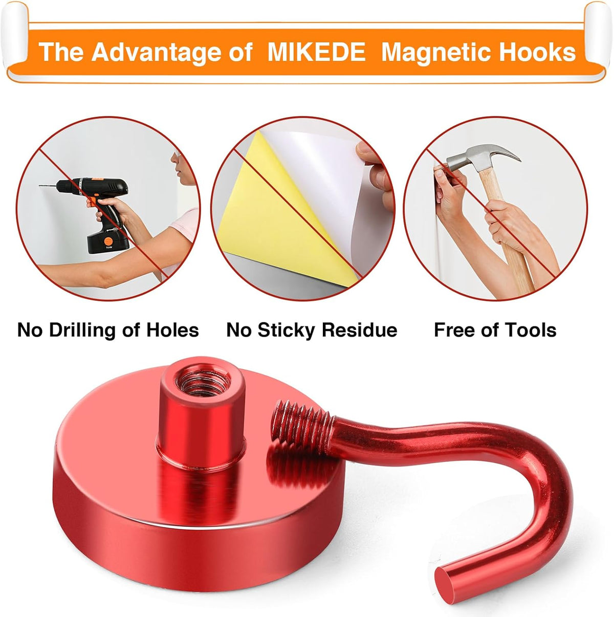 MIKEDE Magnetic Hooks Heavy Duty, 80LB Strong Magnet with Hook for Fridge, Super Neodymium Extra Strength Industrial Hooks for Hanging, Magnetic Hanger for Toolbox, Cruise, Grill(Red,4 Pack)