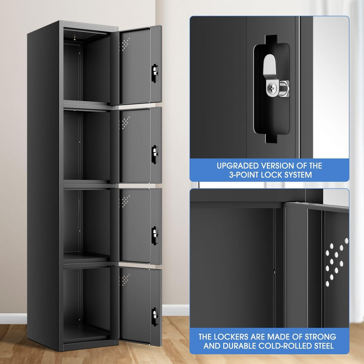 DNA MOTORING Metal Storage Cabinet for Employees with Keys, 71" Employees Metal Locker with 4 Doors, Tall Storage Lockers for Garage,Office,Home,Gym, Black, TOOLS-00790-BK-BK