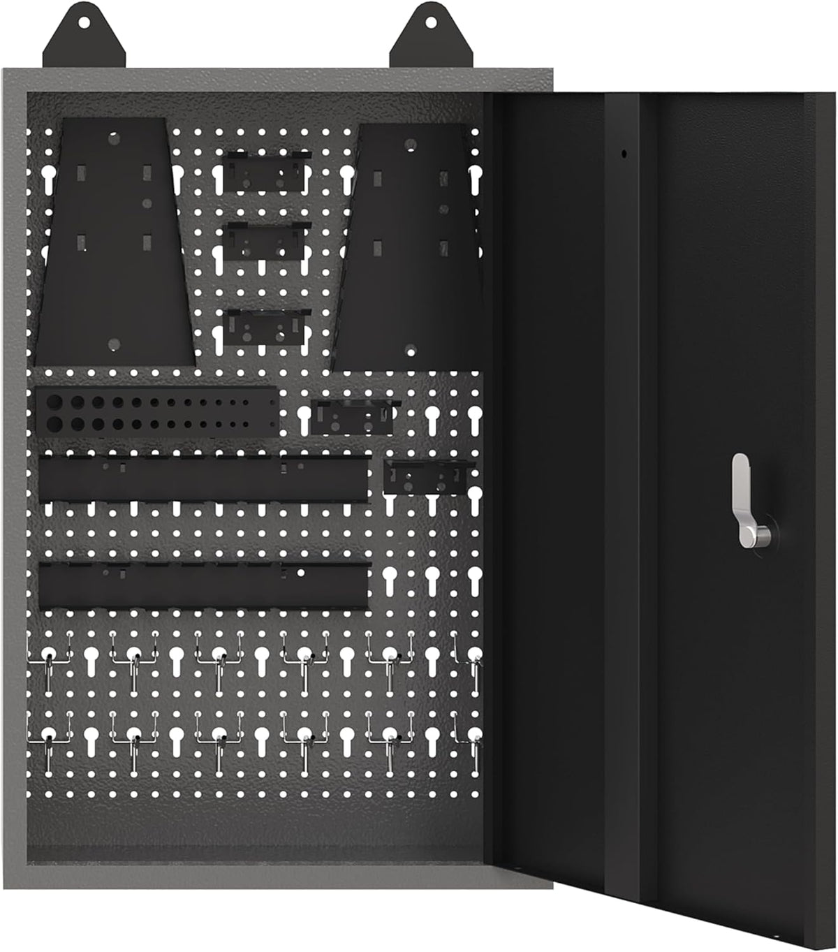 JZD Metal Storage Wall Mounted Cabinet with 22 Hooks, Lockable Small Tool Chest, for Garage Basement Workshop, Black and Gray