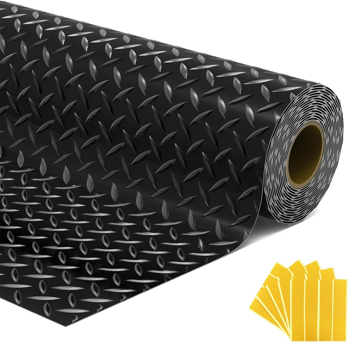 7.5x18 FT Garage Floor Mat, Flooring Roll with 20Pcs Tapes, 135 sqft Diamond Plate PVC Rubber Trailer Mat, Non-Slip Floor Mat for Garage, Warehouse, Gyms, Trailer, Pickup Truck (Black)