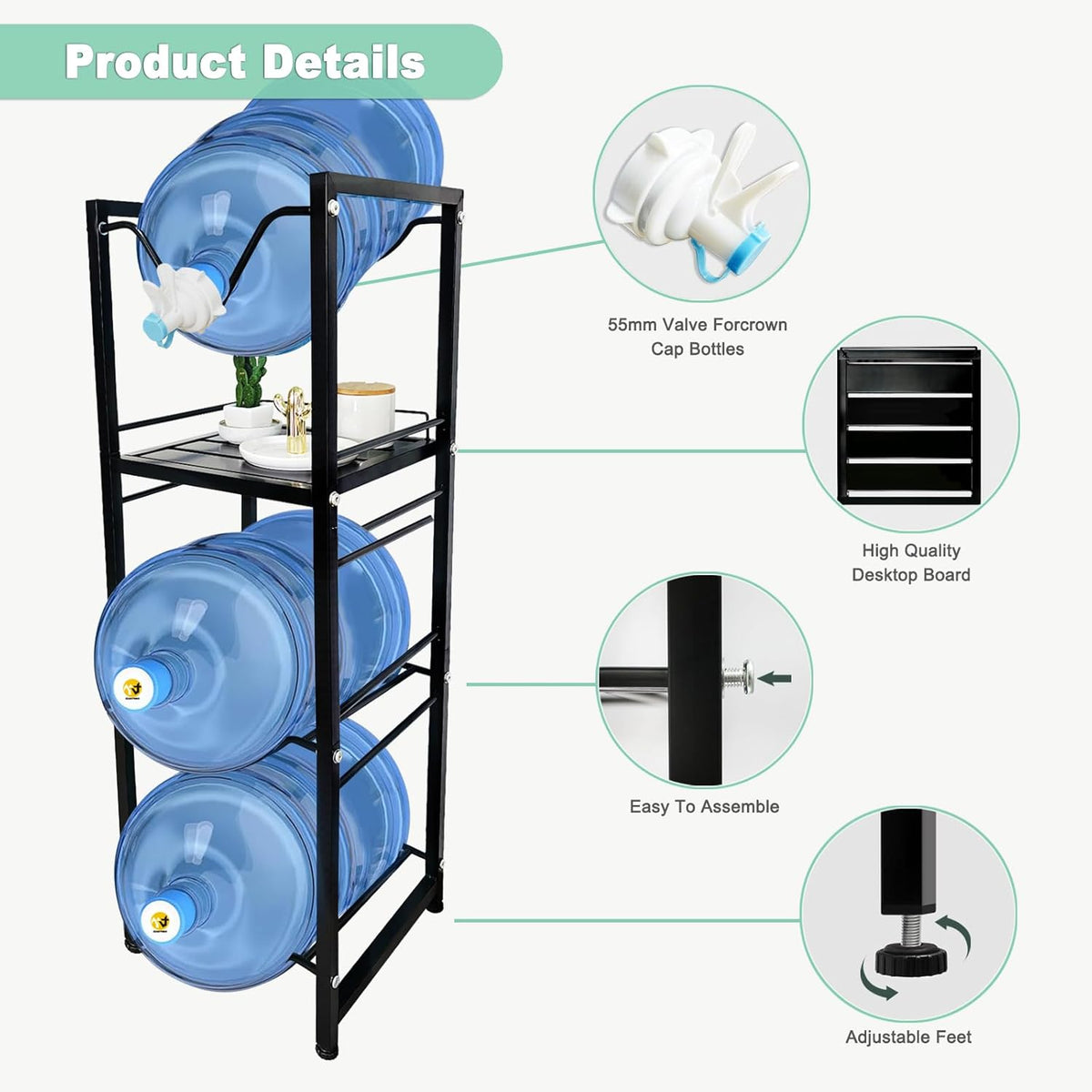 5 Gallon Water Jug Holder with 3-Tier Storage Shelves - Heavy Duty Stand with Fast Flow Spout - Fits 55mm Water Bottle - For Kitchen, Living Room, Office - Black
