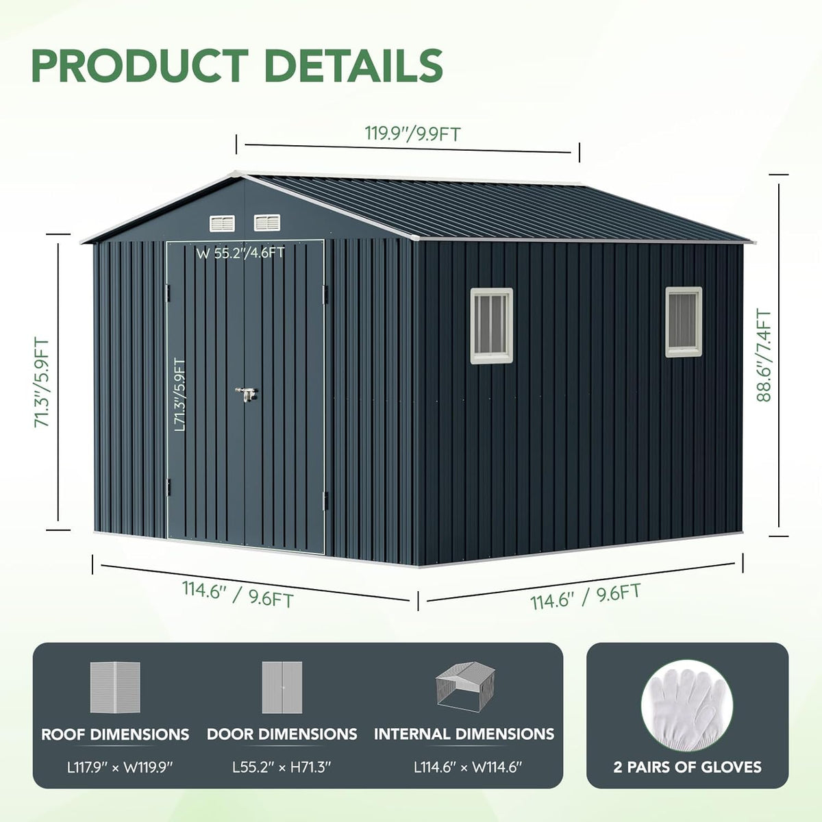 10X10FT Outdoor Steel Storage Shed with Lockable Doors, Ideal for Garden, Backyard, and Patio Utility and Tool Storage