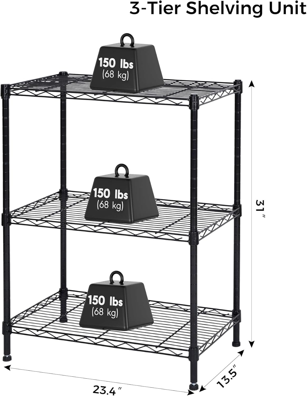 Homeiju 3-Shelf Storage Rack,Adjustable Height Metal Shelving Unit,Heavy Duty Storage Shelving Unit,Wire Rack Shelving,Garage Organizer for Home,Kitchen,Office,Pantry,Garage（13.5"D x 23.4"W x 31"H）