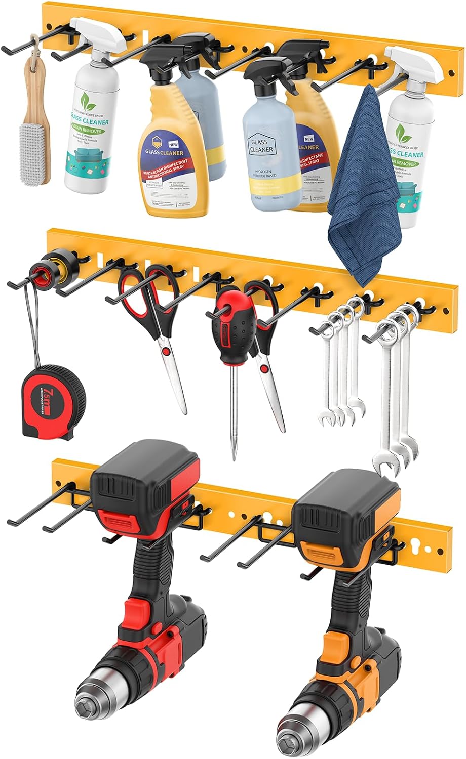 CCCEI 3 Modular Pegboard Strip Storage, Metal Peg Slat Wall Mount for Garage, Basement, Garden, Laundry Room Organization. Flexible Tool Organizer for Rake, Shovels, Crafting. Gifts for Men, Yellow.
