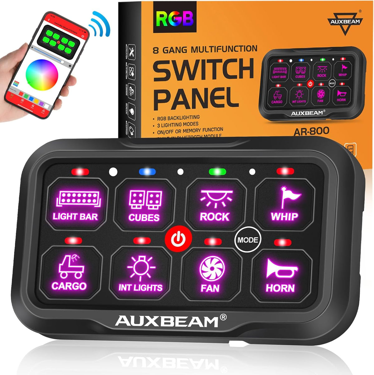 Auxbeam 8 Gang Switch Panel Bluetooth AR-800 RGB Switch Pod with Backlit Off Toggle Momentary Pulsed Auxiliary Switch Panel for Truck SUV ATV Marine RV Multifunction 12-24V Waterproof 2 Years Warranty