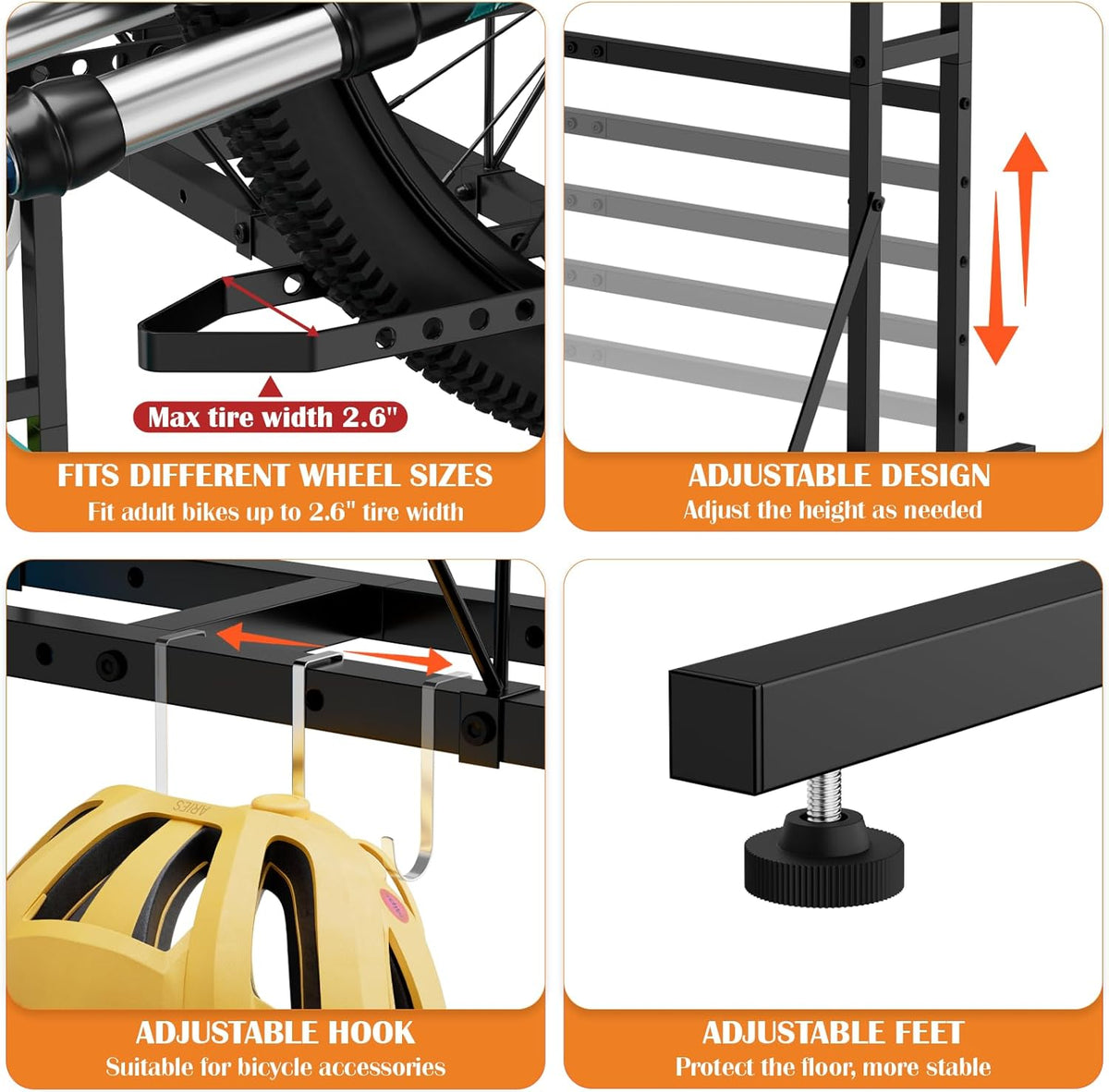 OYEAL Bike Rack Garage Floor Bike Storage Stand with 6 Hooks, Indoor Vertical Bicycle Organizer for 3 Adult Mountain/Road &1 Kids Bikes, Max Tire Width 2.6”, Black